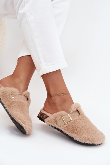 mit Pelzmantel Damenhausschuhe mit einer Plattform mit Riemen I mit Schnallen Beige Noraline