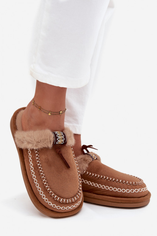 Hausschuhe Feminin mit Pelzmantel I Haftem braune Farbe Perivelle