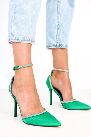 Zizia grüne satinierte High Heels mit Zirkonia, mit Verschluss am Knöchel