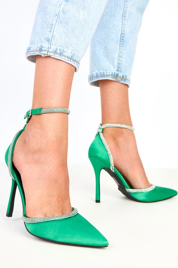Zizia grüne satinierte High Heels mit Zirkonia, mit Verschluss am Knöchel 2