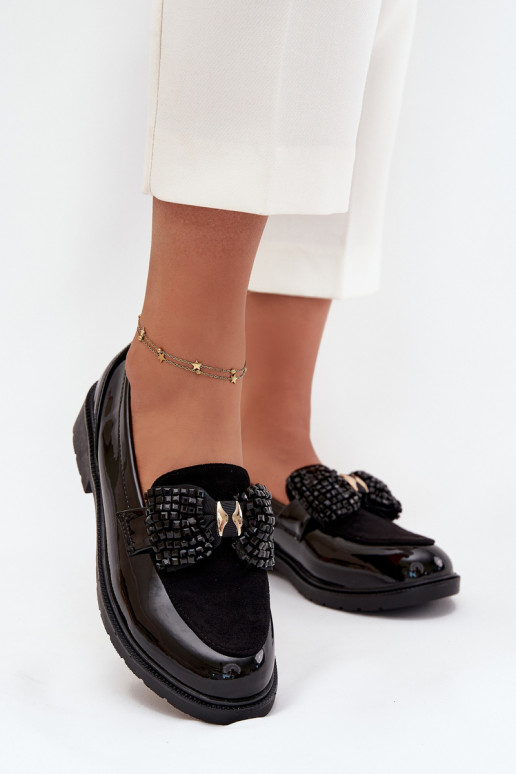 Lackierte Mokassins für Damen mit Schleifen S.Barski HY51-319 in Schwarz