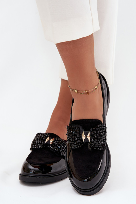 Lackierte Mokassins für Damen mit Schleifen S.Barski HY51-319 in Schwarz