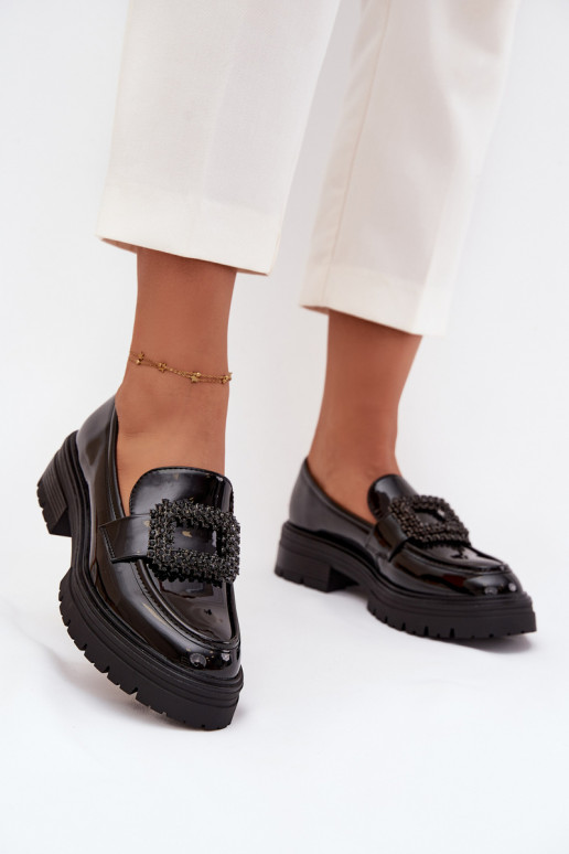 mit Lackeffekt Schuhe Mokassins für Damen dekorieren mit Schnallen schZuarze Farbe Luvianne