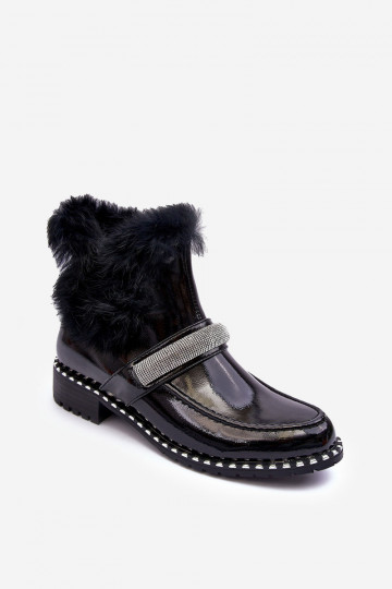 Niedrig Stiefel mit Lackeffekt mit Pelzmantel Und Dekoration S.Barski MR870-74 schZuarze Farbe
