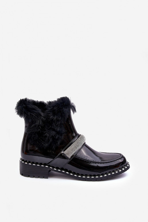 Niedrig Stiefel mit Lackeffekt mit Pelzmantel Und Dekoration S.Barski MR870-74 schZuarze Farbe Niedrig Stiefel mit Lackeffekt mit Pelzmantel Und Dekoration S.Barski MR870-74 schZuarze Farbe