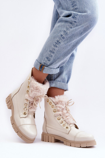 Damen Leder Stiefel mit Fell in Elfenbeinfarbe LeĮskis 3296