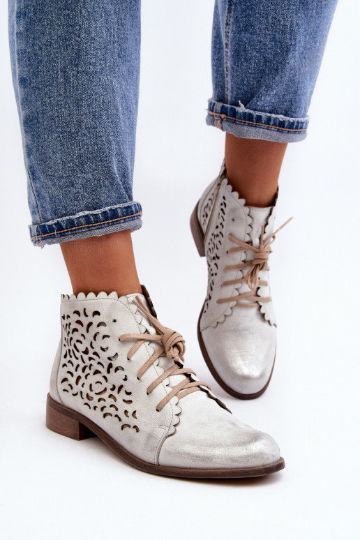 Zazoo 2871 Durchbrochene Stiefel Feminin mit Schnürsenkeln Silberfarbe