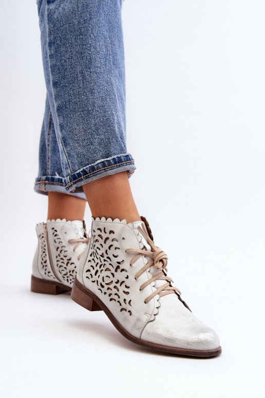 Zazoo 2871 Durchbrochene Stiefel Feminin mit Schnürsenkeln Silberfarbe