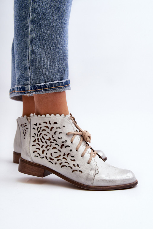 Zazoo 2871 Durchbrochene Stiefel Feminin mit Schnürsenkeln Silberfarbe