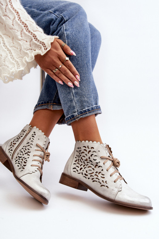 Zazoo 2871 Durchbrochene Stiefel Feminin mit Schnürsenkeln Silberfarbe