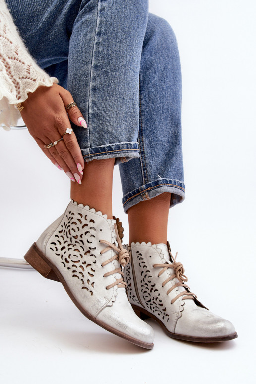 Zazoo 2871 Durchbrochene Stiefel Feminin mit Schnürsenkeln Silberfarbe