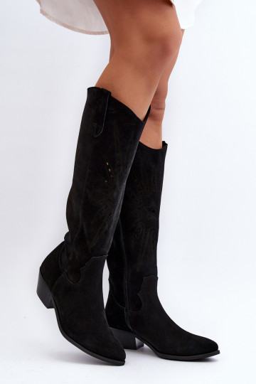 Zazoo 2909 Wildleder-Stiefel mit Lochmuster und niedriger Ferse in Schwarz 2
