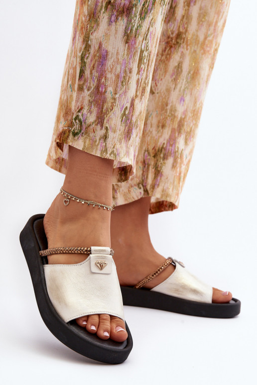 Zazoo 2896 Damenhausschuhe Haut INeiß-goldene Farbe