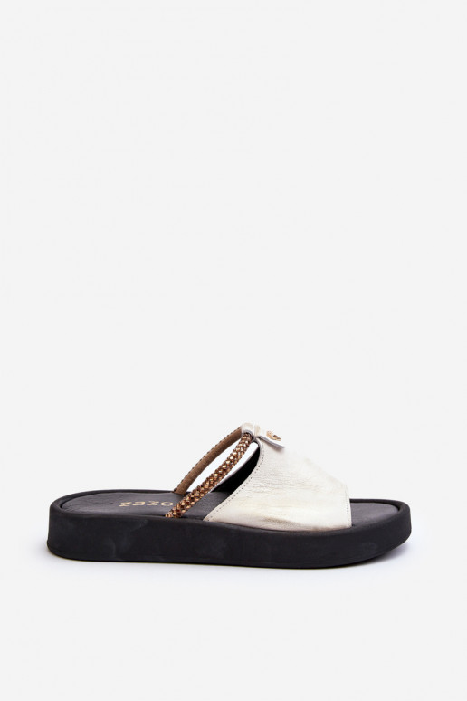 Zazoo 2896 Damenhausschuhe Haut INeiß-goldene Farbe