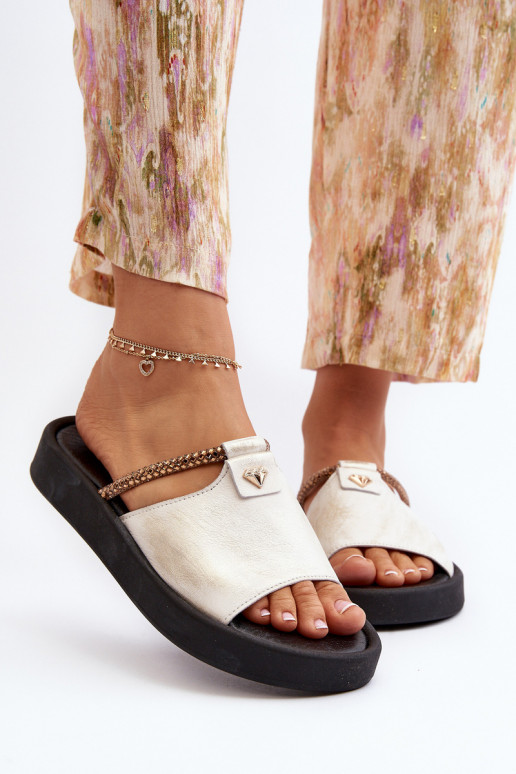 Zazoo 2896 Damenhausschuhe Haut INeiß-goldene Farbe