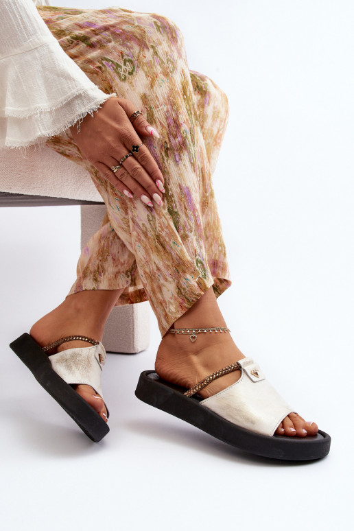 Zazoo 2896 Damenhausschuhe Haut INeiß-goldene Farbe