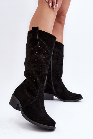 Zazoo 4043 Wildleder-Stiefel auf niedrigem Absatz mit Durchbrüchen in Schwarz 2