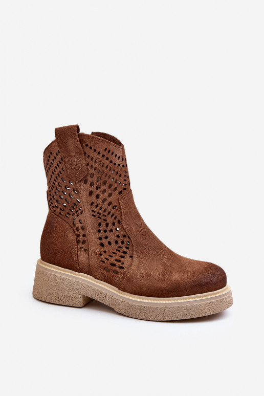 Zazoo 3470 INildlederschuhe Feminin mit breiten Absätzen mit durchbrochenen Elementen braune Farbe