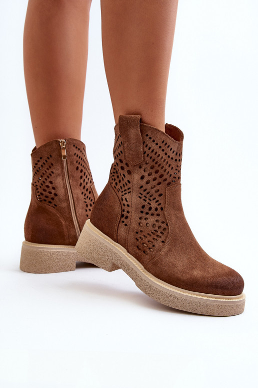 Zazoo 3470 INildlederschuhe Feminin mit breiten Absätzen mit durchbrochenen Elementen braune Farbe