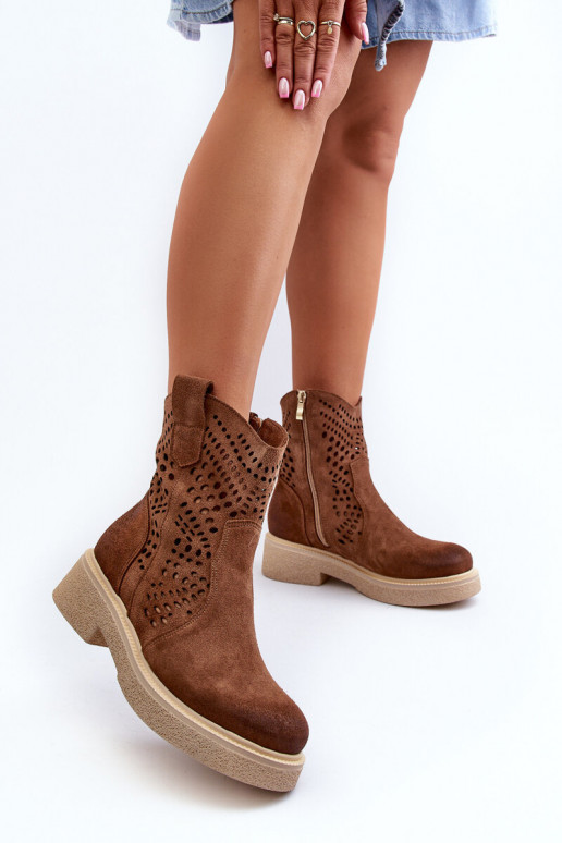 Zazoo 3470 INildlederschuhe Feminin mit breiten Absätzen mit durchbrochenen Elementen braune Farbe