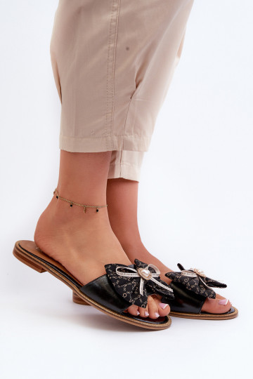 Flache Leder Damen Pantoletten mit Schleifen Laura Messi 2791 schwarz 2