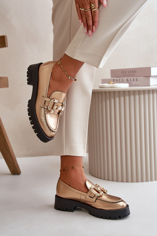 Feminin Haut Mokassins mit Ornamenten CheBello 4369 goldene Farbe