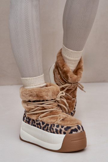 Damen Leder Schnee-Stiefel mit dicker Sohle, Fell und Leopardenmuster Big Star OO274A208 in Braun