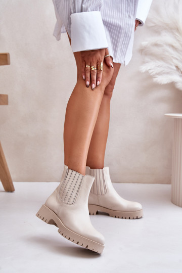 Slipper Damen Ankle Boots mit breiten Absätzen aus Leder elfenbeinfarben LeĮskis 3611 2