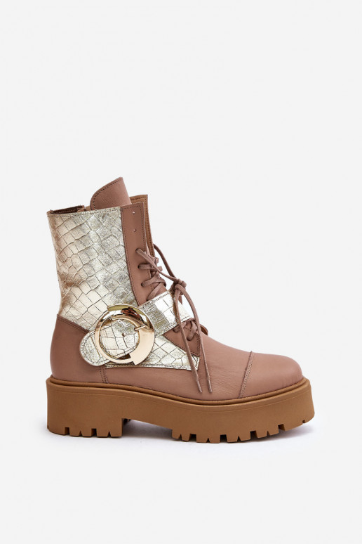 Zazoo 2942 Haut Arbeitsstiefeletten mit goldenen Schnallen Beige Zazoo 2942 Haut Arbeitsstiefeletten mit goldenen Schnallen Beige