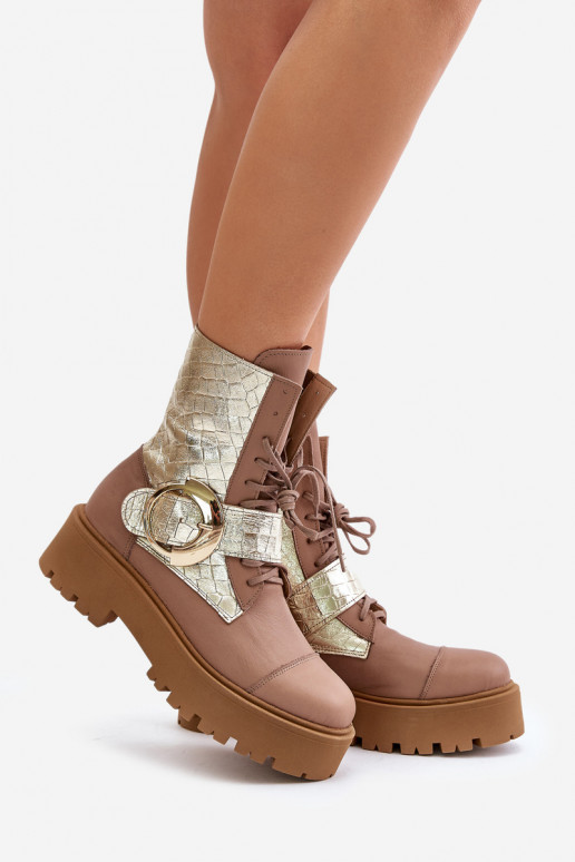 Zazoo 2942 Haut Arbeitsstiefeletten mit goldenen Schnallen Beige Zazoo 2942 Haut Arbeitsstiefeletten mit goldenen Schnallen Beige