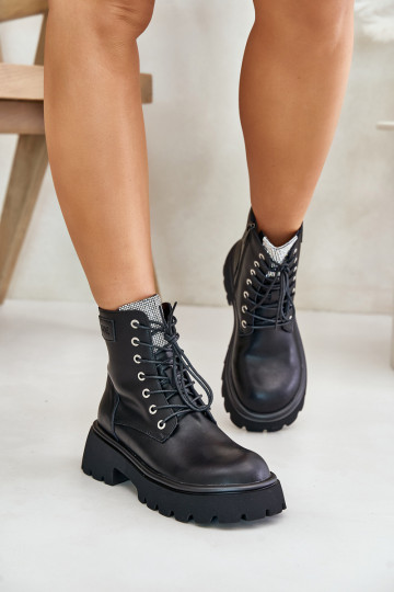 Gefütterte Leder Arbeitsknöchelstiefel Damen mit glitzernden Ösen GOE OO2N4125, schwarze Farbe 2