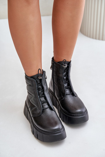 Zazoo 60472 Lederstiefeletten mit Plateau auf dem Keil, schwarz