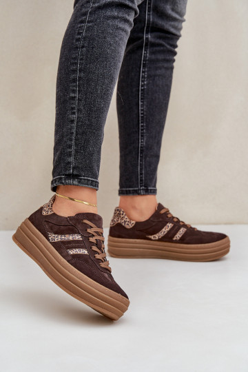 Ziegenleder-Sneaker im sportlichen Stil mit Plattform und Leopardenmuster, in Schokolade 2
