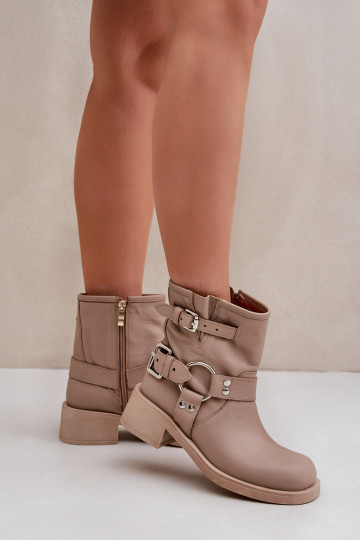 Leder Damen Stiefeletten mit niedrigem Absatz und Riemchen Zazoo 3644 in sandfarben
