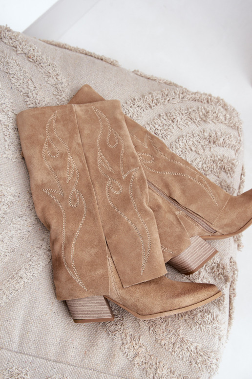 aus INildleder Stiefel Mittlere INadeINyZuiniętą CholeZuką mit Absätzen Beige Zazoo 3487