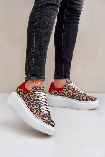 Haut Sneakers Stilvollllschuhe mit einer Plattform mit Leopardenfellmuster Zazoo 3346 braun-rote Farbe 2