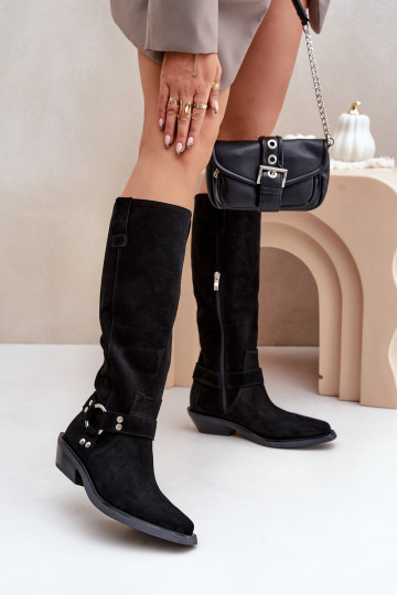 aus INildleder Stiefel CoZuboy-Stil Auf niedrigem Absatz mit Ornamenten Zazoo 3656 schZuarze Farbe