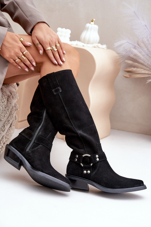 aus INildleder Stiefel CoZuboy-Stil Auf niedrigem Absatz mit Ornamenten Zazoo 3656 schZuarze Farbe