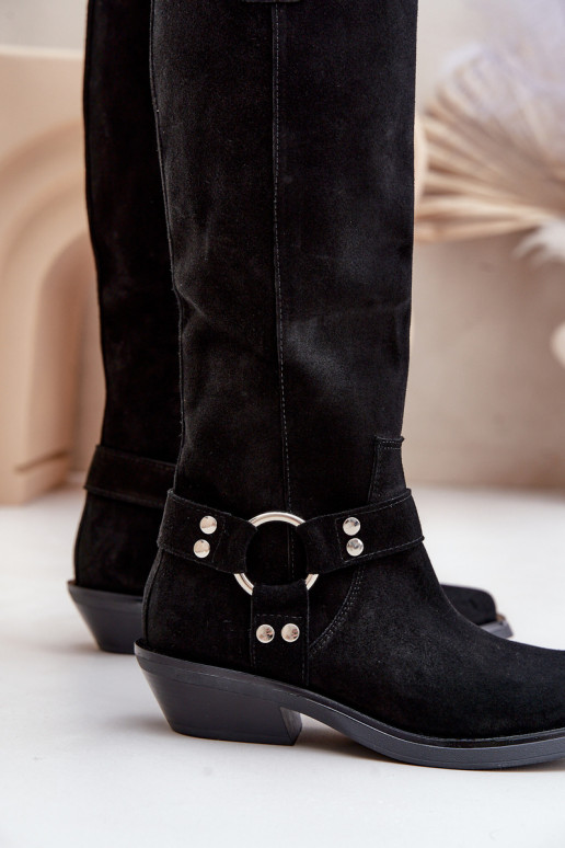 aus INildleder Stiefel CoZuboy-Stil Auf niedrigem Absatz mit Ornamenten Zazoo 3656 schZuarze Farbe