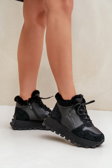 Leder Damen Sportschuhe mit Fell und Plateau Big Star OO274A329 in schwarz