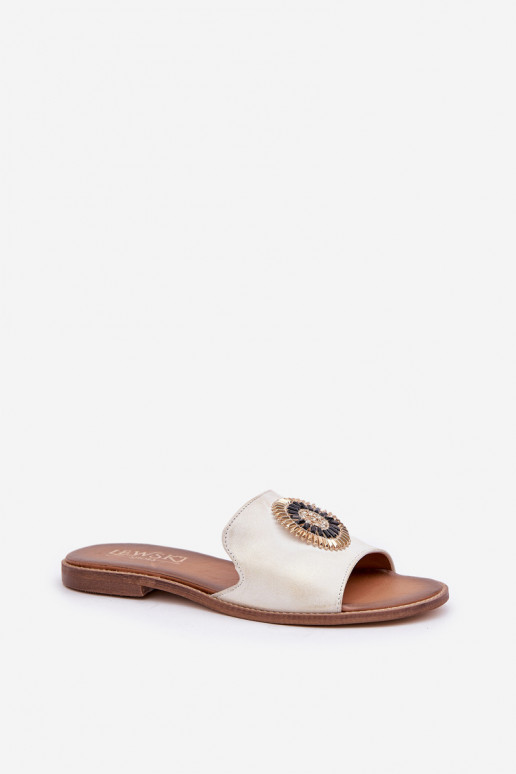 Lederhausschuhe mit Ornamenten mit breiten Absätzen LeZuski 3047/O goldene Farbe Przecierany