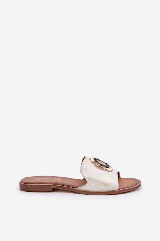 Lederhausschuhe mit Ornamenten mit breiten Absätzen LeZuski 3047/O goldene Farbe Przecierany