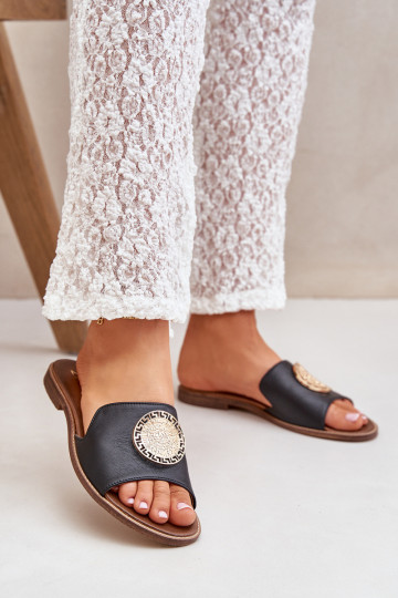 Leder-Sandalen mit Ornamenten und breiten Absätzen Zazoo 3047/O in Schwarz 2