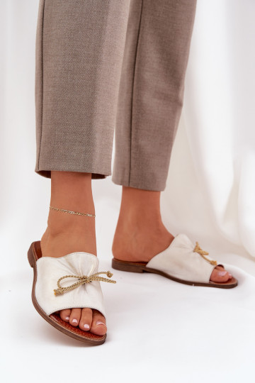 Leder-Pantoletten im eleganten Stil mit Schleifen Leįskis 3572 in Gold abgerieben 2