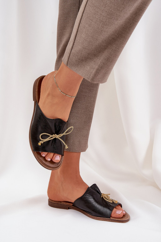 Haut gleichschenklig Eleganter Stil Hausschuhe mit Bändern LeZuski 3572 schZuarze Farbe