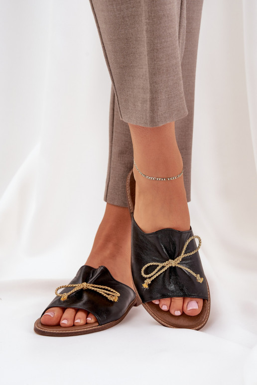 Haut gleichschenklig Eleganter Stil Hausschuhe mit Bändern LeZuski 3572 schZuarze Farbe