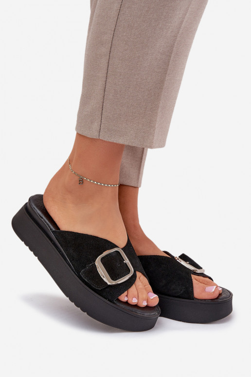 INildleder-Hausschuhe für Damen mit Schnallen mit einer Plattform Zazoo 3019 schZuarze Farbe