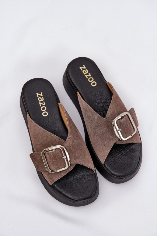 INildleder-Hausschuhe für Damen mit Schnallen mit einer Plattform Zazoo 3019 braune Farbe