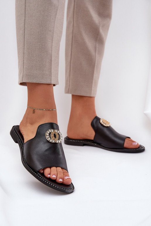 Eleganter Stil Lederhausschuhe Feminin mit Ornamenten Zazoo 3008 schZuarze Farbe