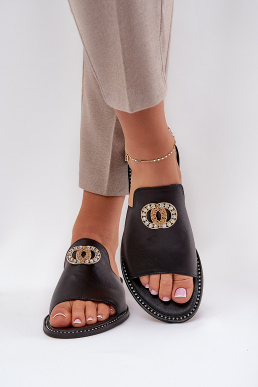 Eleganter Stil Lederhausschuhe Feminin mit Ornamenten Zazoo 3008 schZuarze Farbe